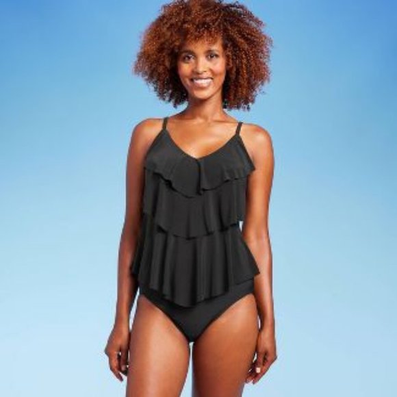 Aqua Green Black Ruffle Tiered  Adjustable Strap Tankini Size Small - Picture 1 of 5
